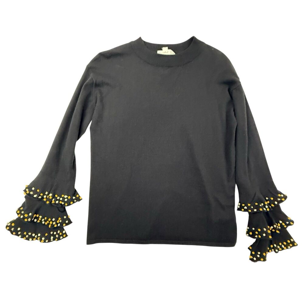 THML Embroidered Ruffle Cuff Sweater Women Small Black Bohemian Funky
